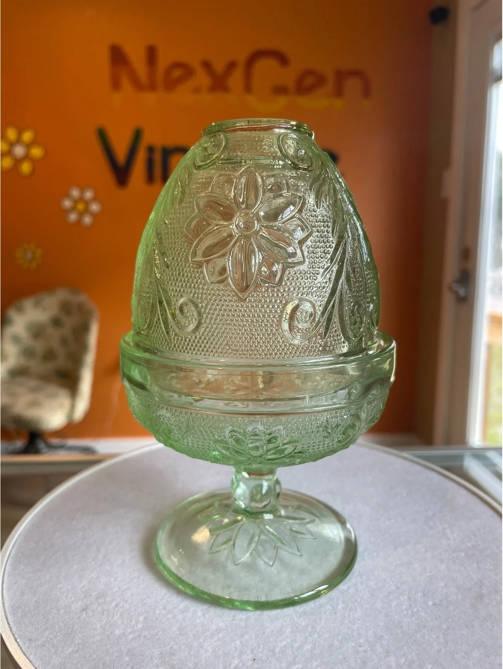 Indiana Glass Vintage Tiara Chantilly Green Fairy Lamp Candle Holder